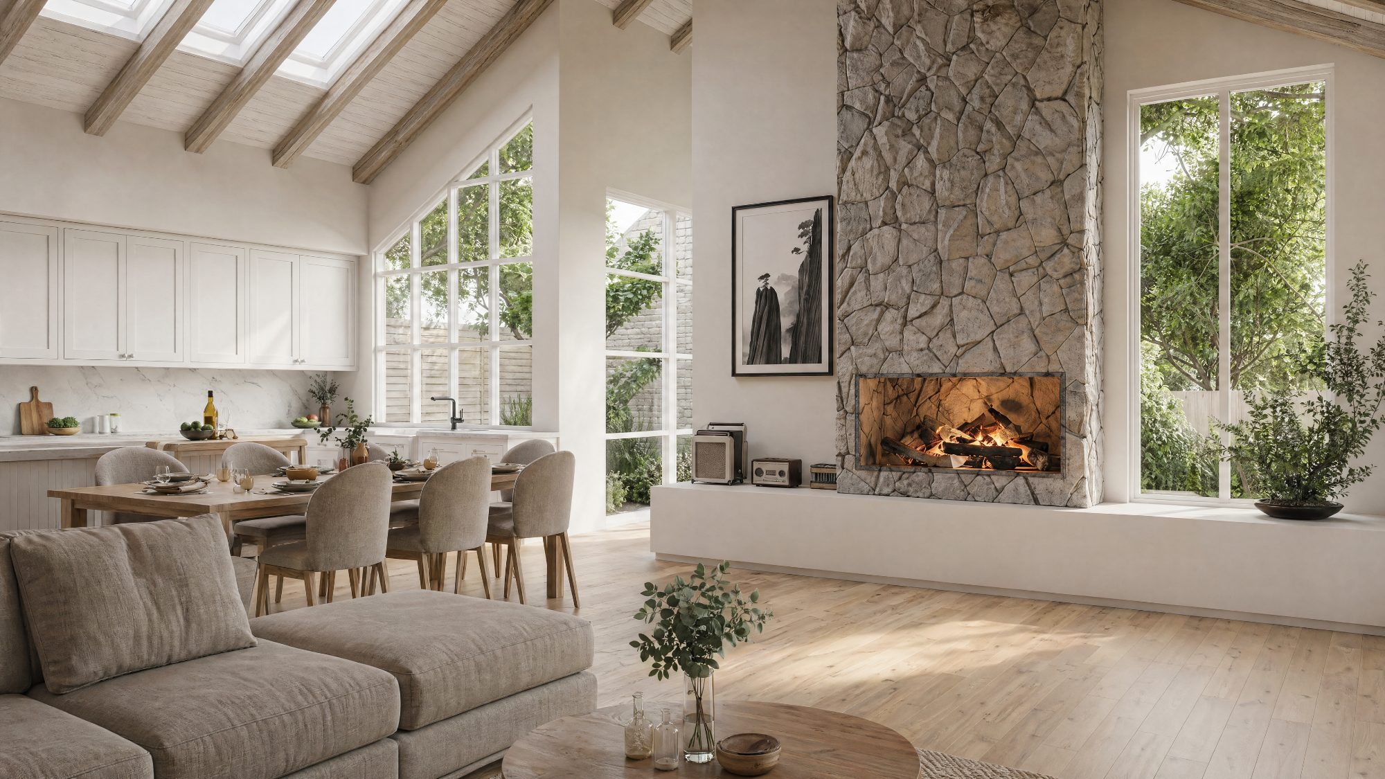McBean — living and dining with stone fireplace