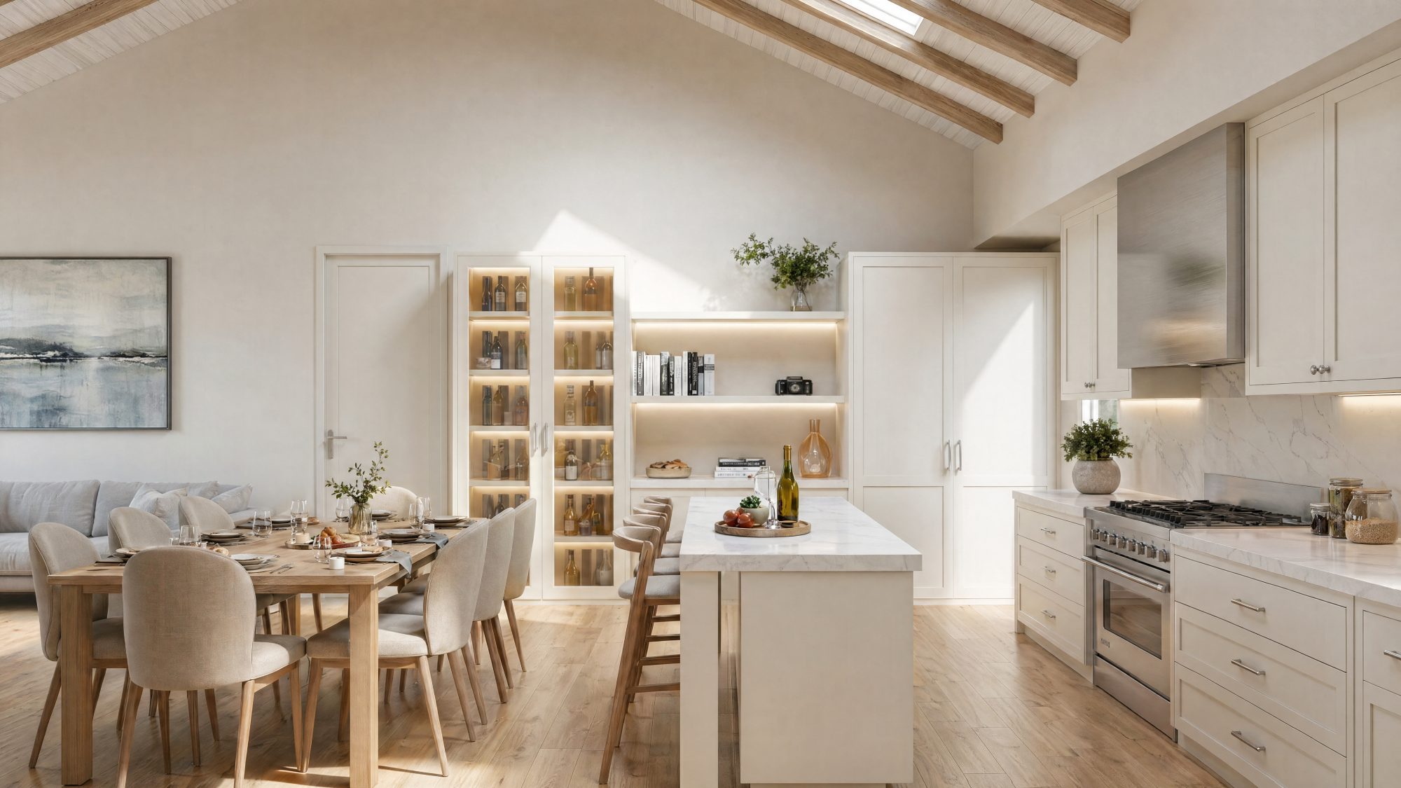 McBean — dining and kitchen island with display cabinet
