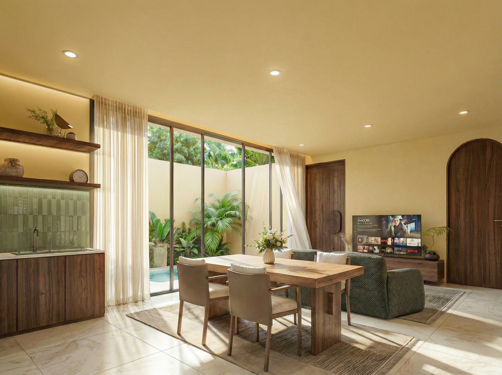 Prestige Property Bali — kitchen and lounge with pool view